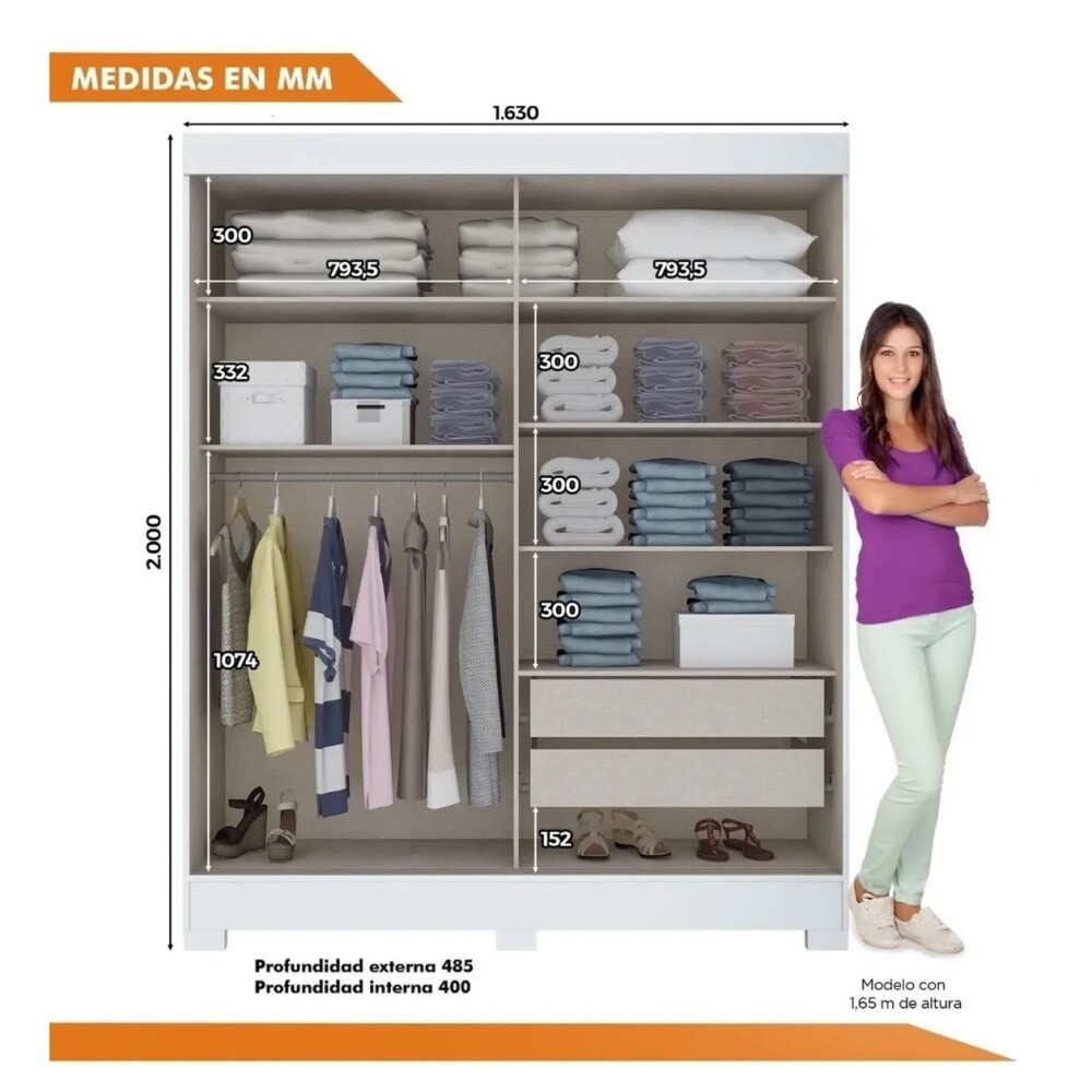 ROPERO 2 PUERTAS CORREDIZAS CON ESPEJO GUARDARROPA ARMARIO PLACARD CLOSET BLANCO