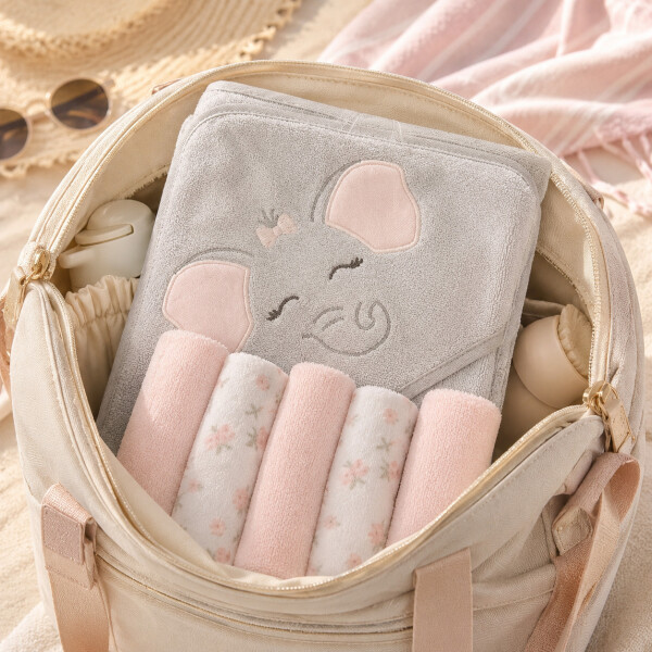 Set Toalla Con Capucha Bebé Ballena + 6 Toallitas Algodón Color Rosa
