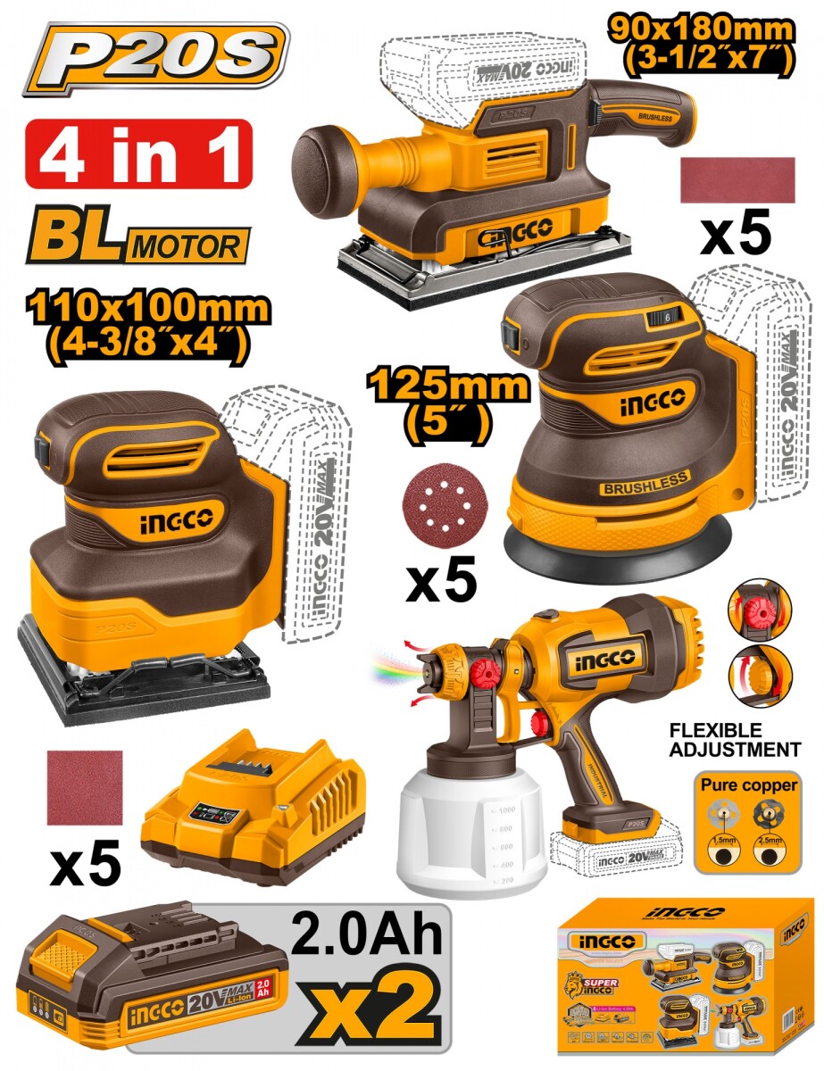 KIT COMBO A BATERIA P20S BRUSHLESS 3 LIJADORAS + 1 PISTOLA DE PINTURA + 2BAT CA 