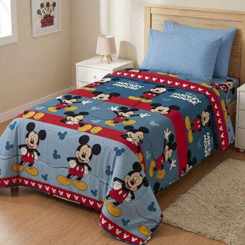 Acolchado Reversible 1 Plaza 100% Microfibra - Mickey Minnie Mickey Celeste