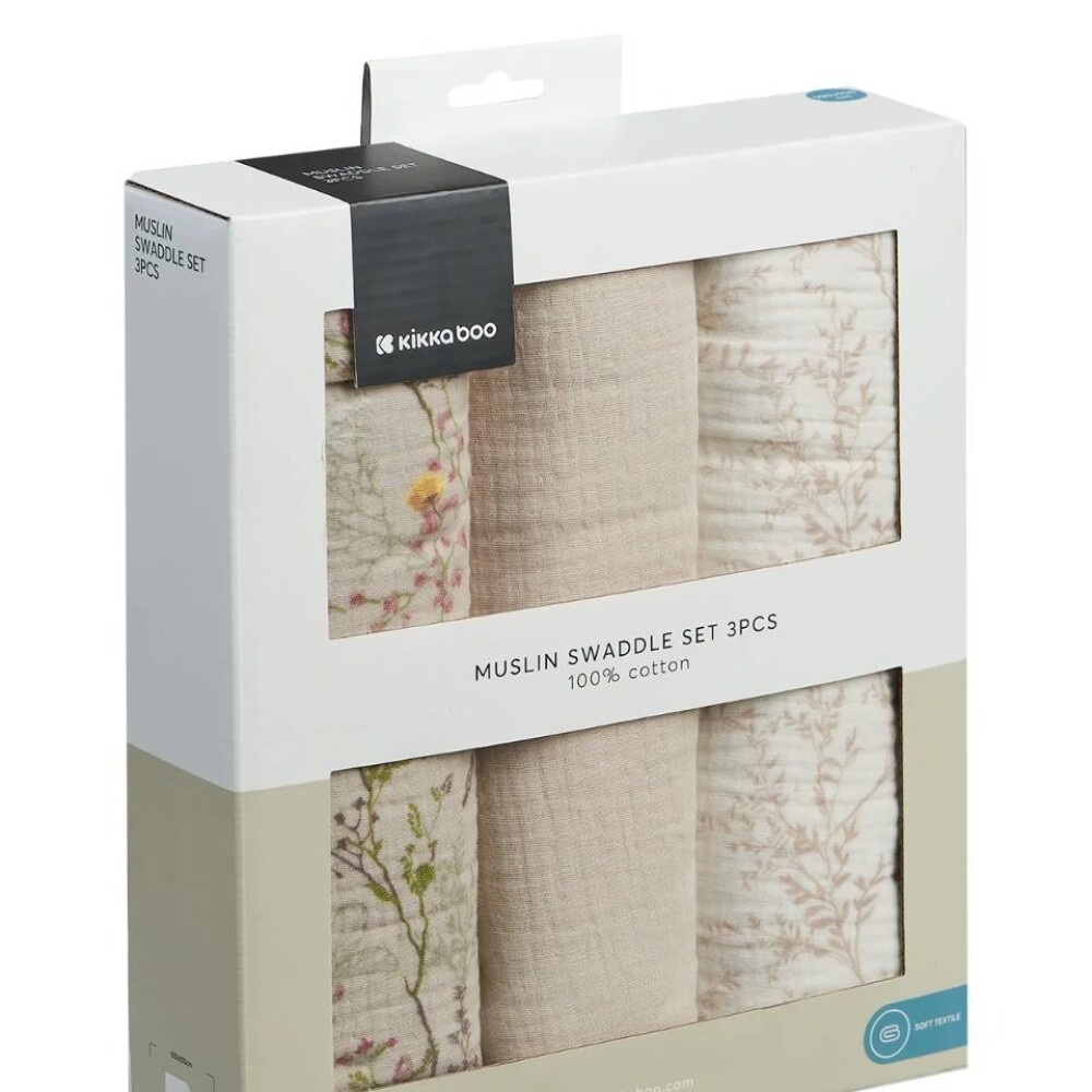 Set x3 muselinas 75x75 swaddle KIKKABOO secret garden beige