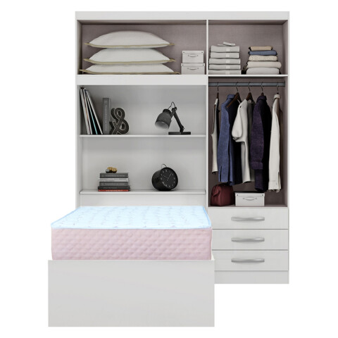 Juego de Dormitorio Ropero Lisboa 4 Puertas 3 Cajones Estantes Baúl con Cama Blanco y Colchón Roma Espuma 88 cm Juego de Dormitorio Ropero Lisboa 4 Puertas 3 Cajones Estantes Baúl con Cama Blanco y Colchón Roma Espuma 88 cm