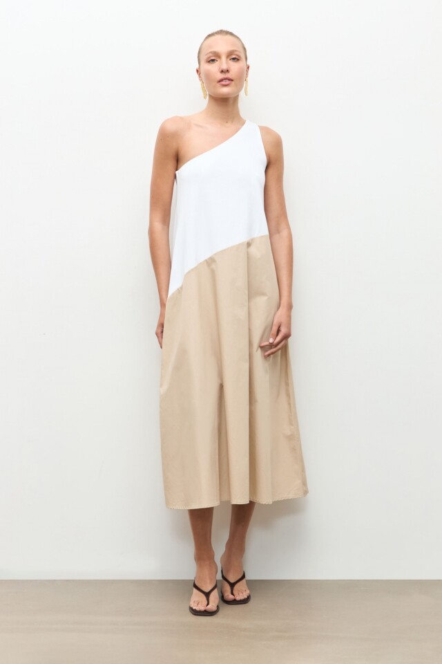 Maxi vestido un hombro bicolor beige