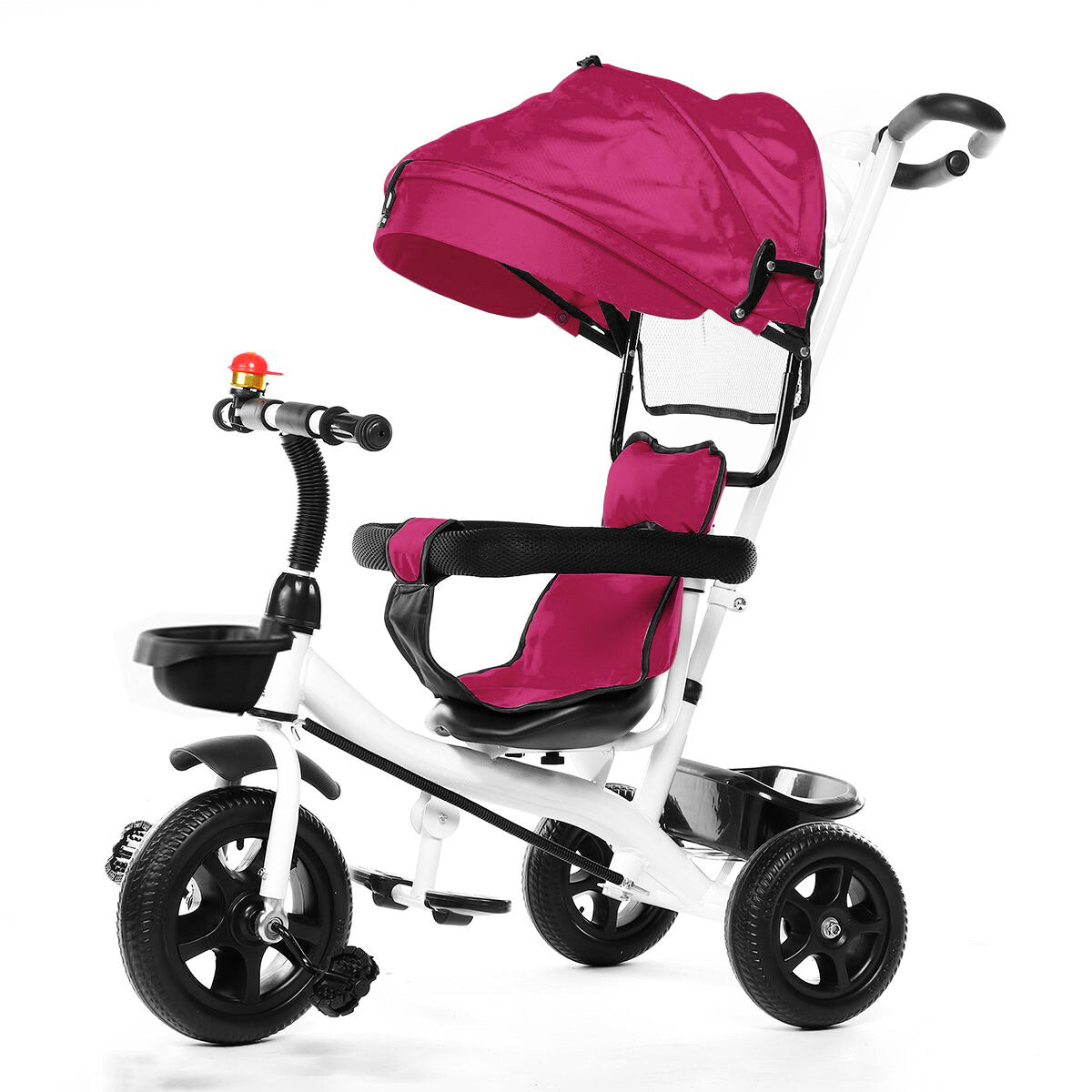 Coche Triciclo A Pedal C/ Guía, Capota Y Accesorios - Rosa 