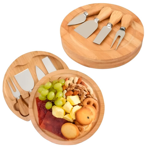 Set Picada 2 Tablas de Madera C/ 4 Accesorios para Quesos Diseño Madera