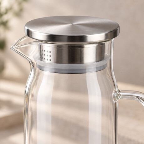 Jarra de Vidrio 1,3L Tapa Acero Inoxidable Bebidas Frias Transparente