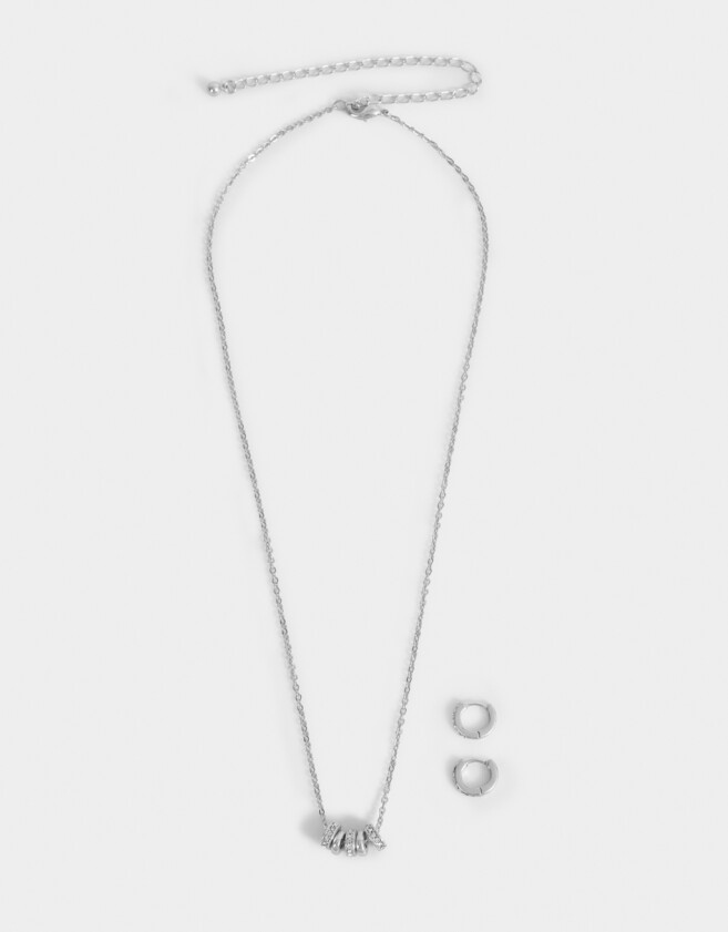 Bijouterie Set Premium Silver Set De Collar Y Aros Pasantes Bañado En Oro - Plateado