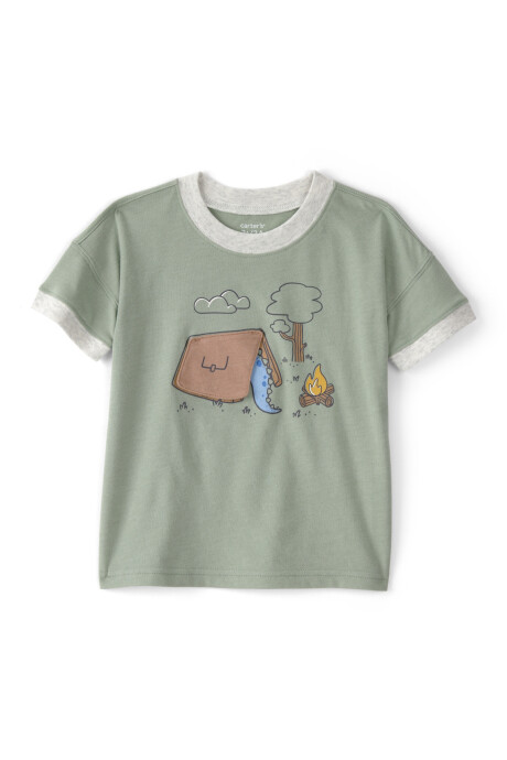Remera de algodón, manga corta, verde, estampa dino y camping Sin color