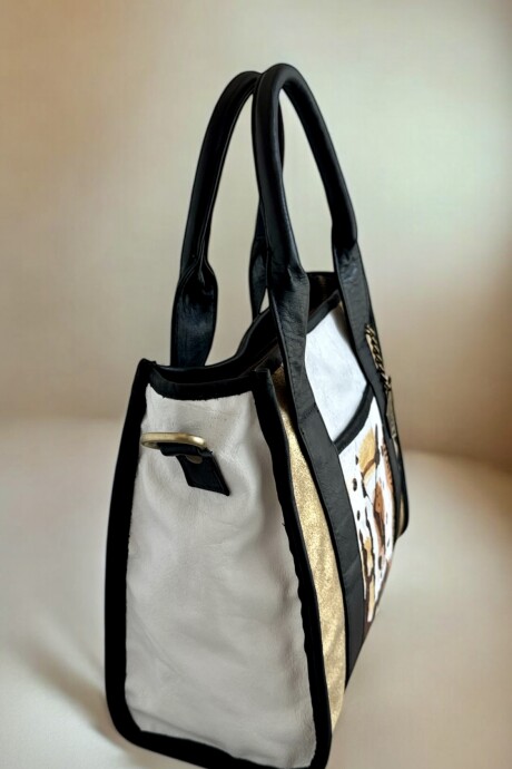 Cartera Tali De Cuero Blanca Y Negra Con Dorado Y Arte Pintado A Mano Cartera Tali De Cuero Blanca Y Negra Con Dorado Y Arte Pintado A Mano