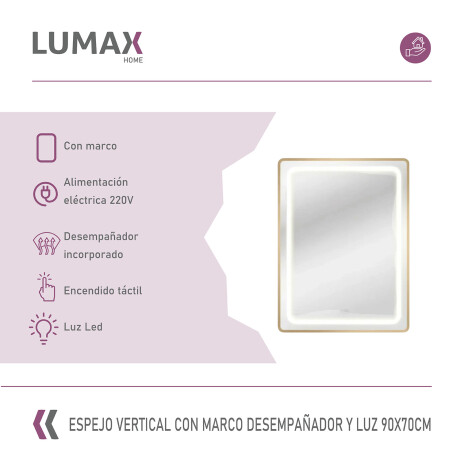 Espejo Vertical Lumax c/marco desempañador y Luz 90x70cm Dorado