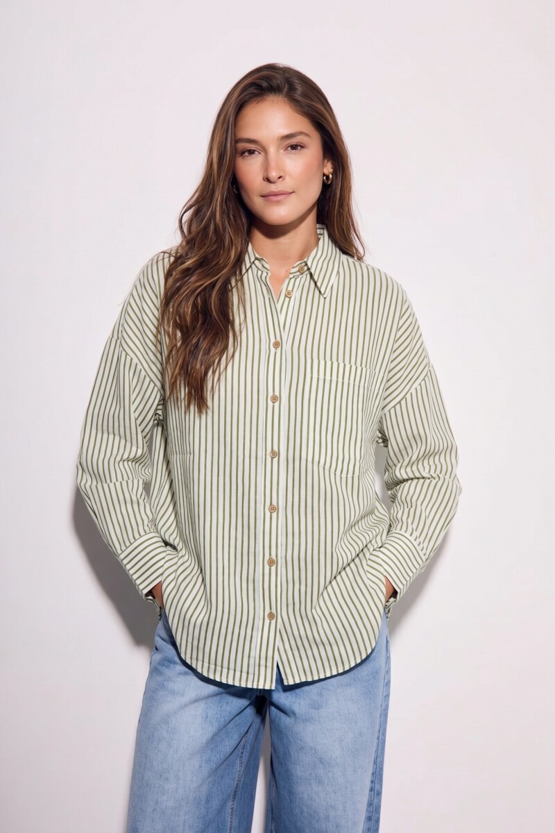 Camisa Rayada Con Lino Oliva