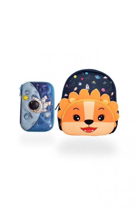 Set de mochila infantil de neopreno y cartuchera con divisiones brio set-astronauta-león