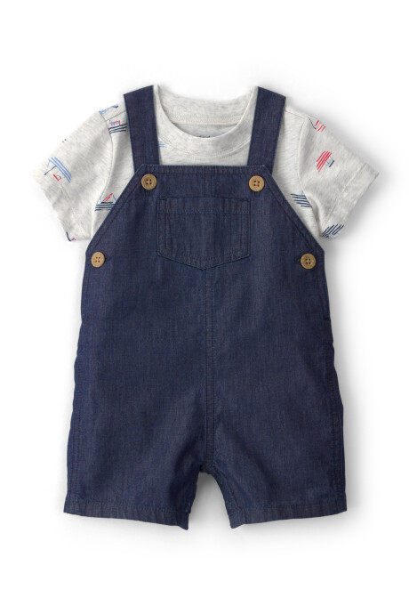 Set dos piezas, enterito corto de chambray y remera, diseño botes Set dos piezas, enterito corto de chambray y remera, diseño botes