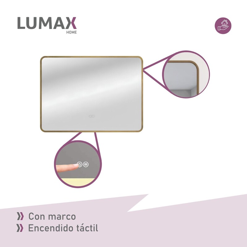 Espejo Horizontal Lumax c/marco desempañador y luz 90x70cm Dorado