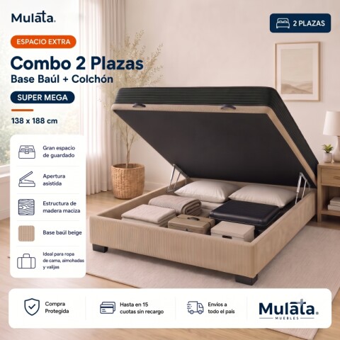 Sommier Baúl 2 Plazas Beige con Colchón Super Mega 138 x 188 Firmeza Media Sommier Baúl 2 Plazas Beige con Colchón Super Mega 138 x 188 Firmeza Media