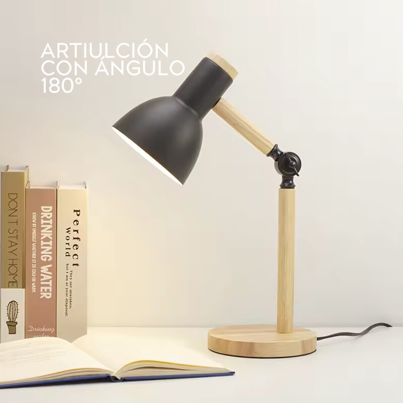 Lampara De Escritorio Portatil Nordica Madera Y Metal Negro