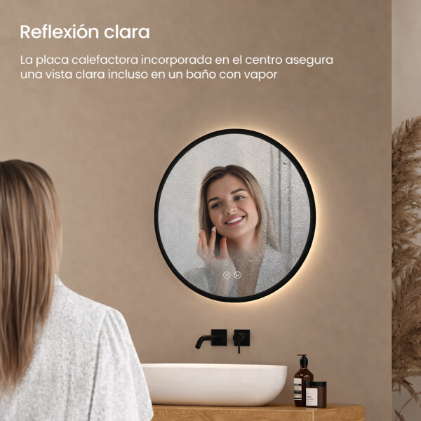 Espejo Redondo De Baño Led 60cm Funsión Desempañado NEGRO