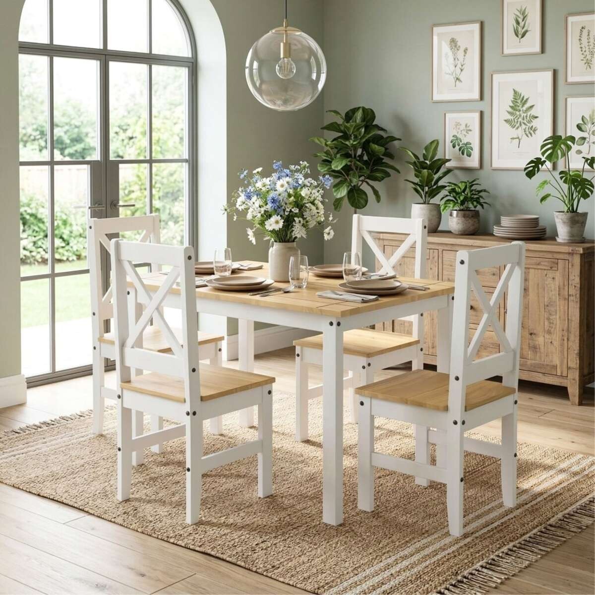 Juego de comedor 4 sillas - Madera maciza - Cruceta - Blanco 