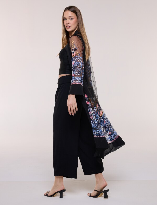 Cardigan Kimono Largo De Tul Bordado NEGRO/MULTI