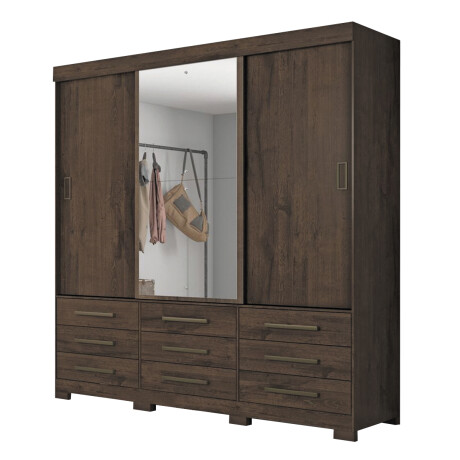 ROPERO 3 PUERTAS CORREDIZAS CON ESPEJO 9 CAJONES GUARDARROPA ARMARIO PLACARD CLOSET MARRON