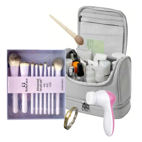Set Reloj Peque + Brochas Maquillaje + Neceser + Spa Facial Dorado