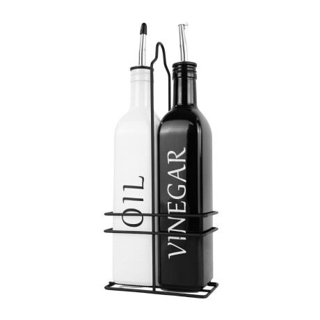 Set de aceitera y vinagrera de vidrio con base de metal Set de aceitera y vinagrera de vidrio con base de metal