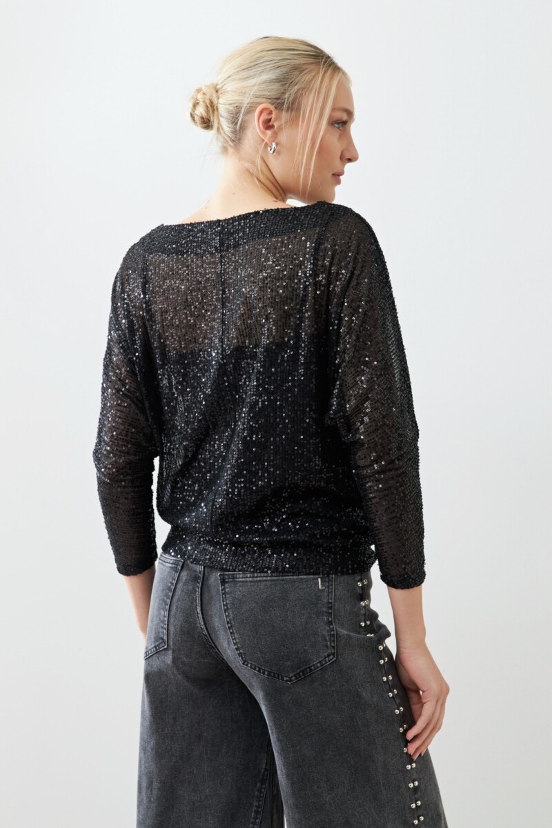 Blusa lentejuelas manga dollman negro