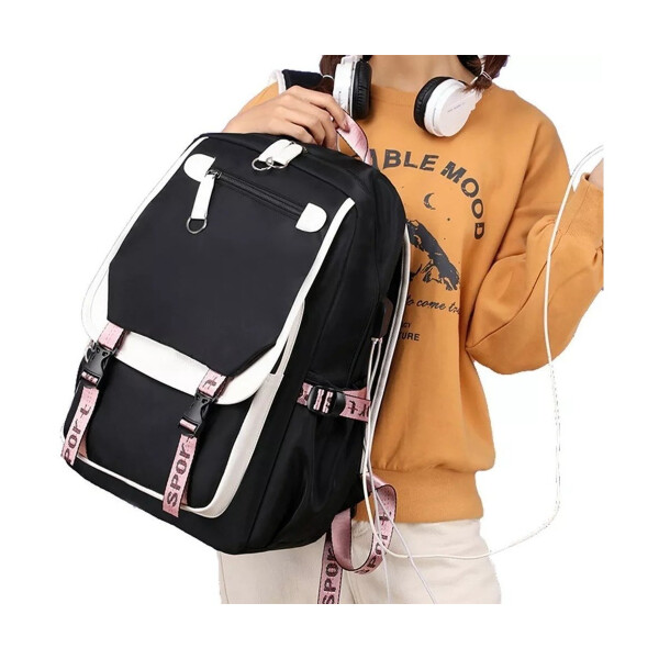 Mochila Impermeable Kawaii Estilo Coreano Notebook Usb Variante Color Negro