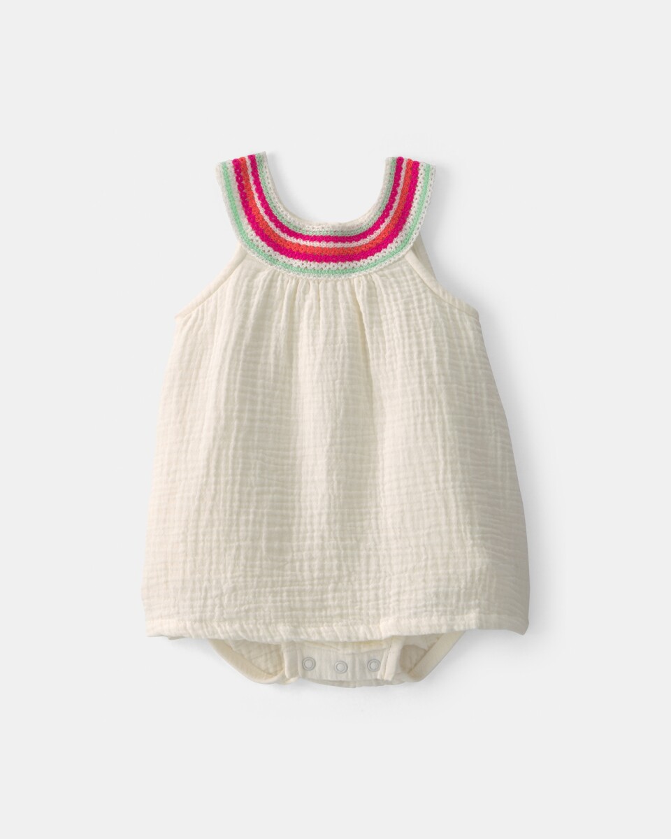 Vestido de algodón, marfil, con cuello multicolor tejido 