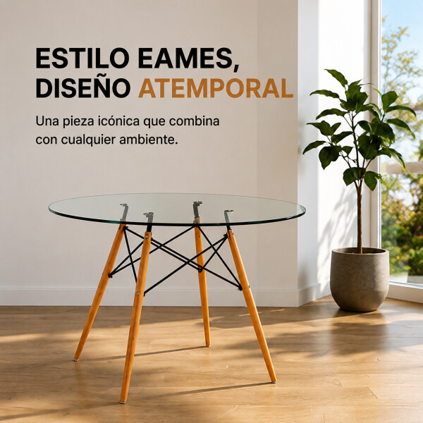 Mesa Comedor ComboHome Eames Redonda Vidrio 100 Cm Premium Transparente