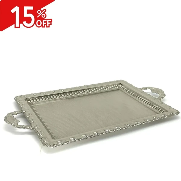Bandeja metal rectangular con asa Plateada