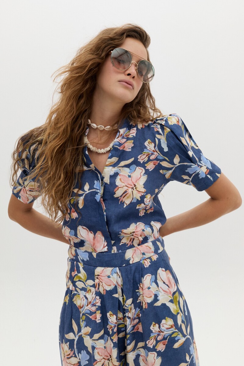 Camisa Athina en Lino Blue Poppy Print