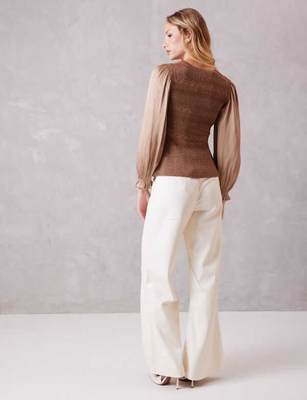 Blusa Mangas De Satén & Peplum TOSTADO