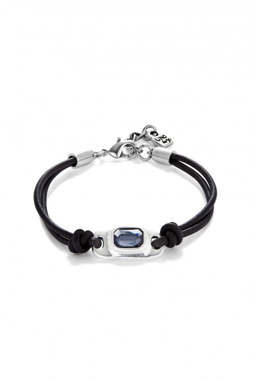 PULSERA DE CUERO BAÑADA EN PLATA DE LEY CON CRISTAL GRIS Pulsera
