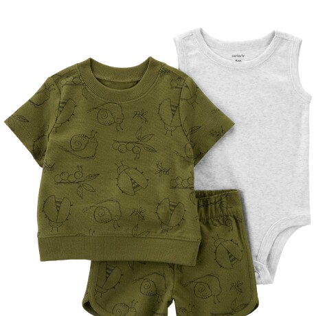 Set Carters Bichos 3 Piezas Short Buzo y Body Algodón VERDE-BLANCO