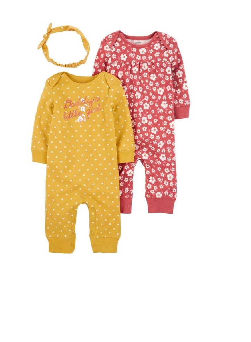 Set Enterito x2 con vincha Carters RN - Mostaza Corazones- Flores Salmon 