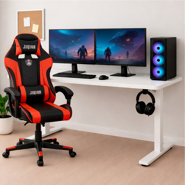 Escritorio Gamer Eléctrico + Silla Gamer 160kg BLANCO