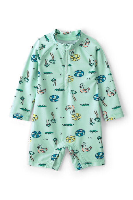 Monito de baño manga larga con protección UPF 50+, verde, diseño vacaciones Monito de baño manga larga con protección UPF 50+, verde, diseño vacaciones