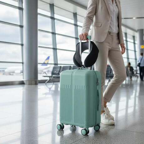 Set Valija Mediana Rigida + Almohadón Cervical Memoria Negro Celeste