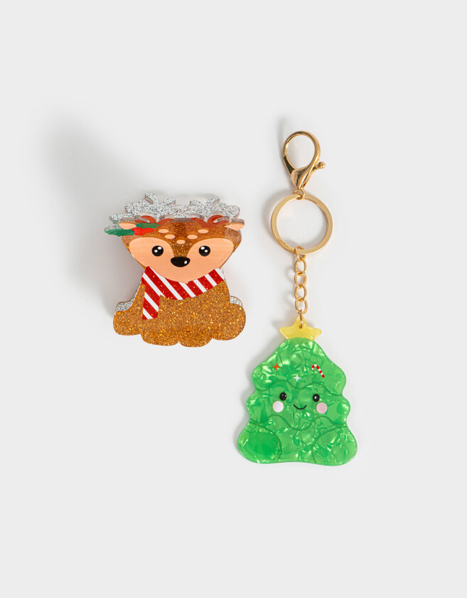 Accesorios Pelo Set Regalables Set De Llavero Y Broche Navidad - Combinacion Bicolor