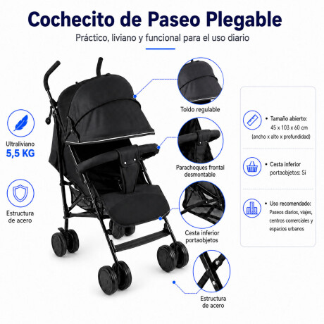 Coche Paraguitas Bebe Reclinable Plegable Compacto 8 Ruedas Negro
