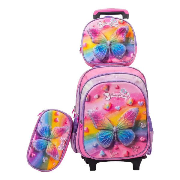 Mochila con carrito, lonchera y cartuchera. Mariposa