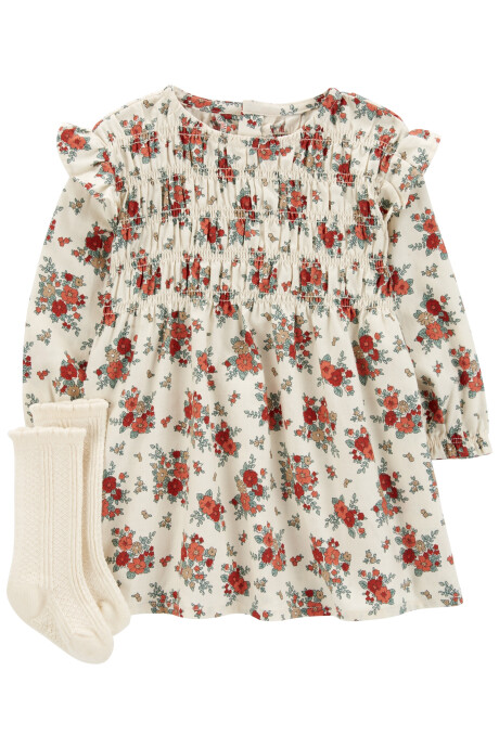 Set dos piezas, vestido de sarga, diseño floral y medias Set dos piezas, vestido de sarga, diseño floral y medias