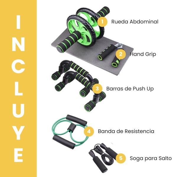 Kit Verde Ejercicio Rueda Abdominal + Banda de Resistencia + Soga para Saltar + Barras de Push up + Hand Grip de Regalo Kit Verde Ejercicio Rueda Abdominal + Banda de Resistencia + Soga para Saltar + Barras de Push up + Hand Grip de Regalo