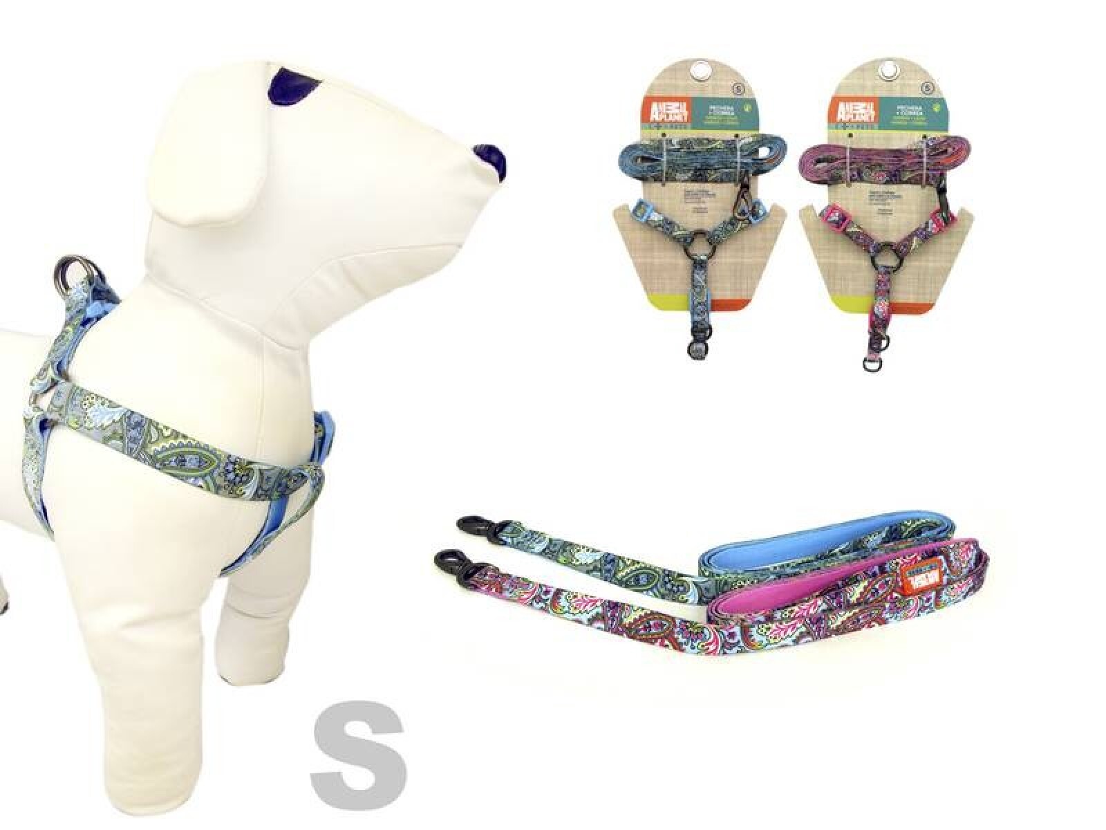 ARNÉS + CORREA PARA PERROS DISEÑOS ROSA O CELESTE S 