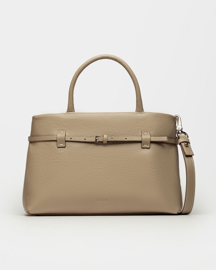 Cartera de mano Bay en cuero graneado Taupe
