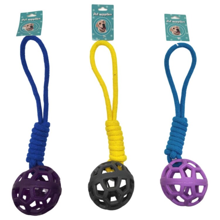 JUGUETE PARA MASCOTA CON PELOTA CALADA MULTICOLOR