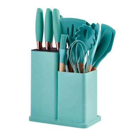 Set Cocina Menage 19Pz Utensillos Cuchillos Tabla c/Soporte Turquesa