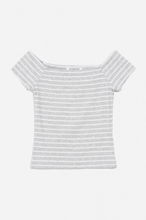 Remera off shoulder a rayas GRIS