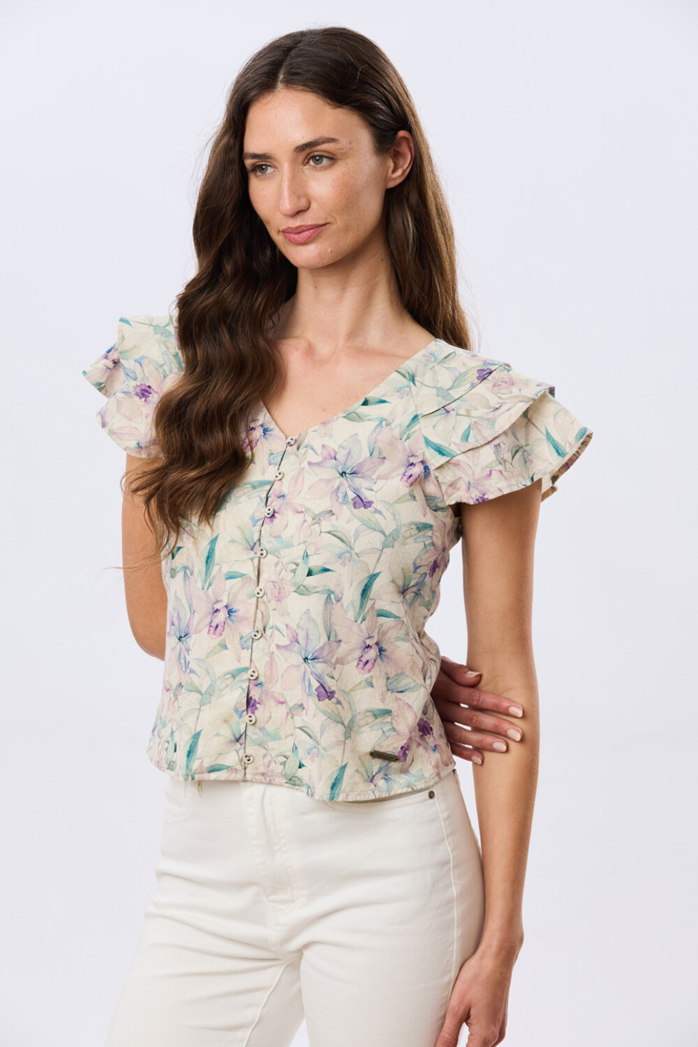 CAMISA DE LINO ESTAMPADA Lila